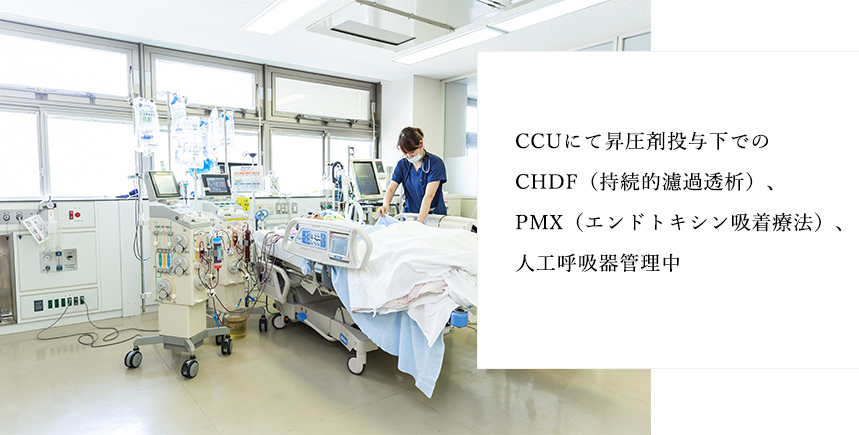 CCUにて昇圧剤投与下でのCHDF(持続的濾過透析)、PMX(エンドトキシン吸着療法)、人口呼吸器管理中